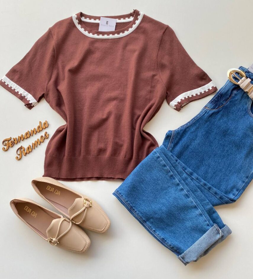 Blusa Feminina Manga Curta Modal Zuri C7570 Marrom - Fernanda Ramos Store