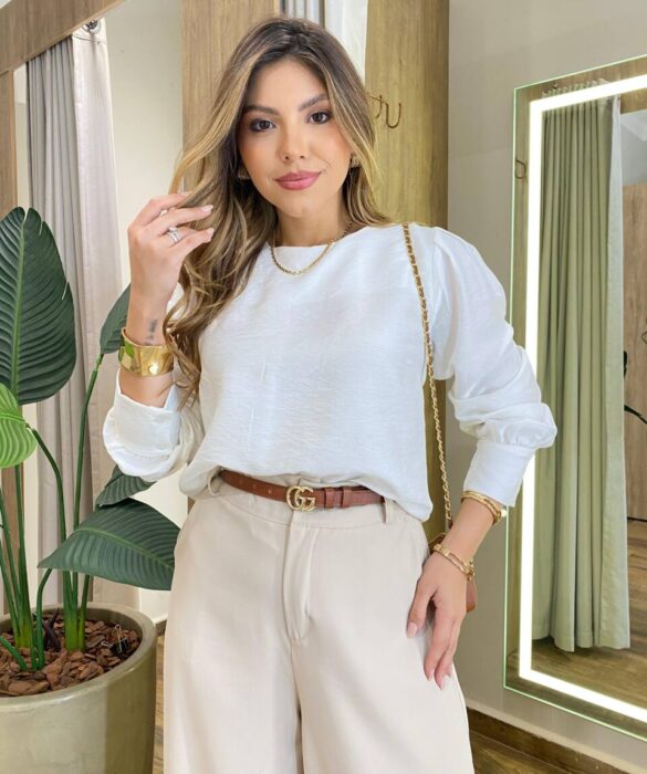 Blusa Feminina Manga Longa Helena Botões na Manga Branca - Fernanda Ramos Store
