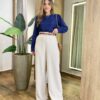 Blusa Feminina Manga Longa Helena Botões na Manga Azul Marinho - Fernanda Ramos Store