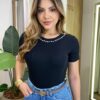 Blusa Feminina Milena Manga Curta Modal com Pedrarias Preta - Fernanda Ramos Store