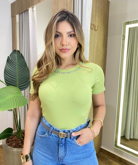 Blusa Feminina Milena Manga Curta Modal com Pedrarias Verde - Fernanda Ramos Store