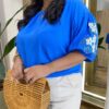 Blusa Feminina Plus Manga 3/4 Bordada Azul Bic - Fernanda Ramos Store