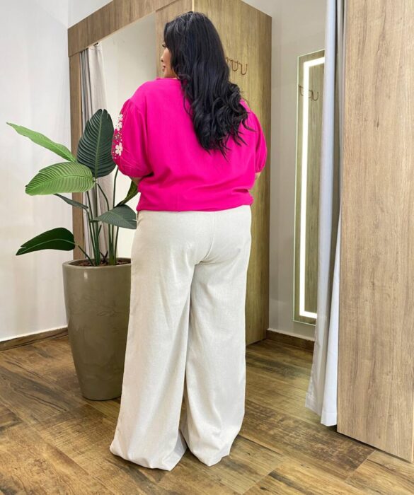 Blusa Feminina Plus Manga 3/4 Bordada Pink - Fernanda Ramos Store