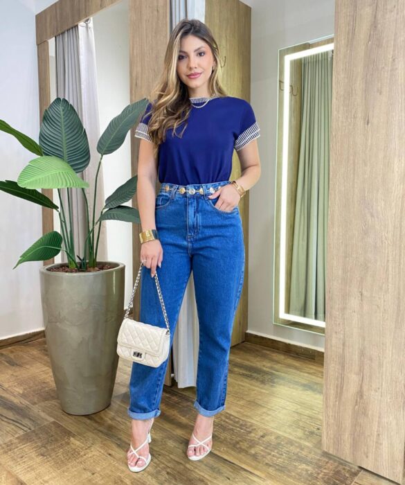 Blusa Feminina Sofy Manga Curta Modal com Detalhes Azul - Fernanda Ramos Store