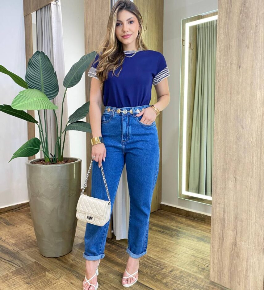 Blusa Feminina Sofy Manga Curta Modal com Detalhes Azul - Fernanda Ramos Store