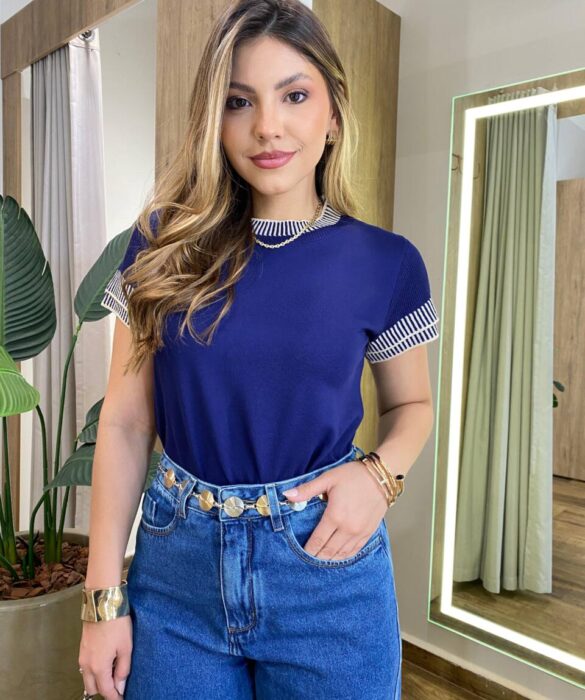 Blusa Feminina Sofy Manga Curta Modal com Detalhes Azul - Fernanda Ramos Store