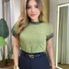 Blusa Feminina Sofy Manga Curta Modal com Detalhes Verde Pistache - Fernanda Ramos Store