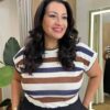 Blusa Feminina Tee Muscle Plus Estampada com Listras Marrom - Fernanda Ramos Store