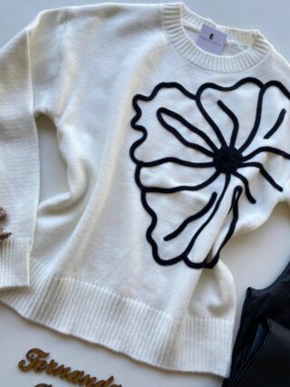 Blusa Manga Longa Feminina Anne Tricot Modal Detalhe Flor Branca - Fernanda Ramos Store