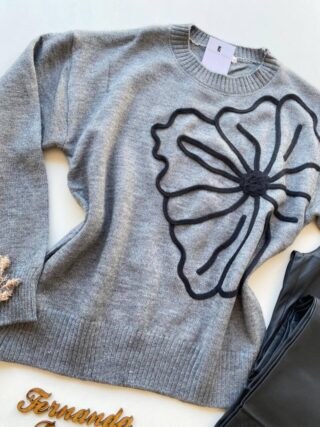 Blusa Manga Longa Feminina Anne Tricot Modal Detalhe Flor Cinza - Fernanda Ramos Store