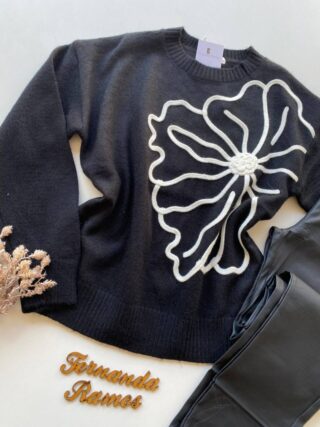 Blusa Manga Longa Feminina Anne Tricot Modal Detalhe Flor Preto - Fernanda Ramos Store