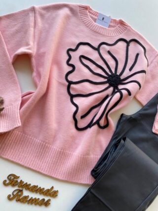 Blusa Manga Longa Feminina Anne Tricot Modal Detalhe Flor Rosa - Fernanda Ramos Store