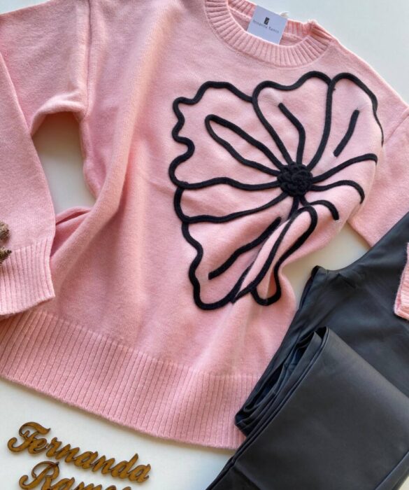 Blusa Manga Longa Feminina Anne Tricot Modal Detalhe Flor Rosa - Fernanda Ramos Store