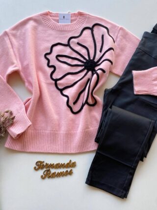 Blusa Manga Longa Feminina Anne Tricot Modal Detalhe Flor Rosa - Fernanda Ramos Store