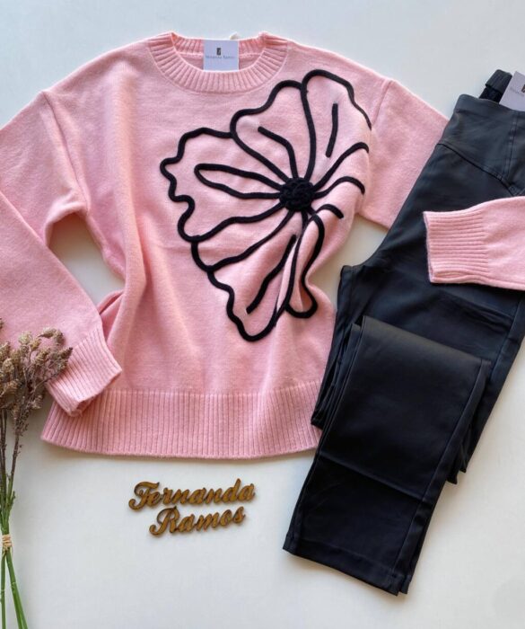 Blusa Manga Longa Feminina Anne Tricot Modal Detalhe Flor Rosa - Fernanda Ramos Store