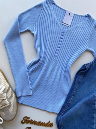 Blusa Manga Longa Modal com Botões e Canelada Azul C7527 - Fernanda Ramos Store