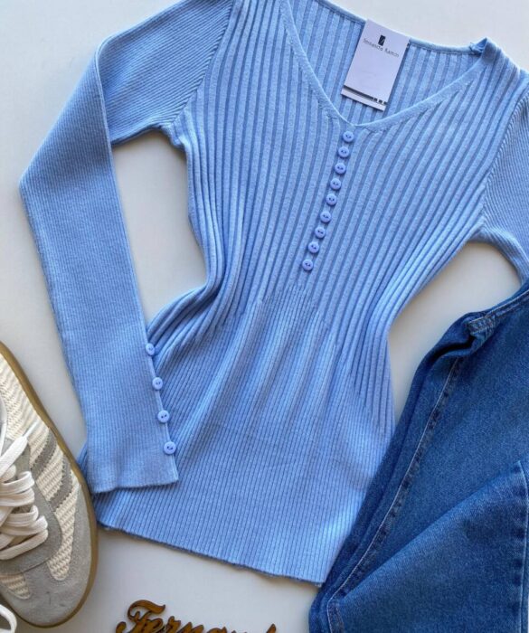 Blusa Manga Longa Modal com Botões e Canelada Azul C7527 - Fernanda Ramos Store