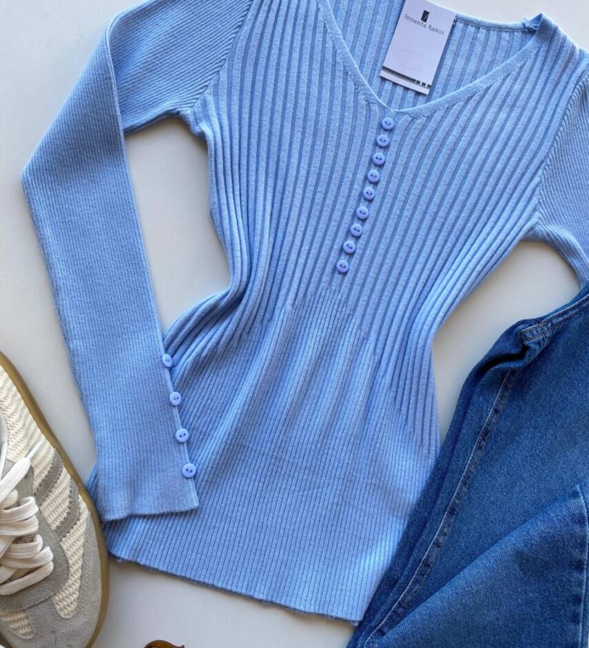 Blusa Manga Longa Modal com Botões e Canelada Azul C7527 - Fernanda Ramos Store