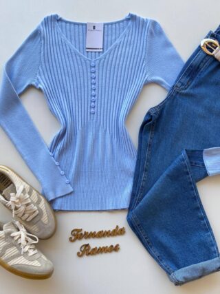 Blusa Manga Longa Modal com Botões e Canelada Azul C7527 - Fernanda Ramos Store