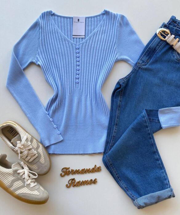 Blusa Manga Longa Modal com Botões e Canelada Azul C7527 - Fernanda Ramos Store