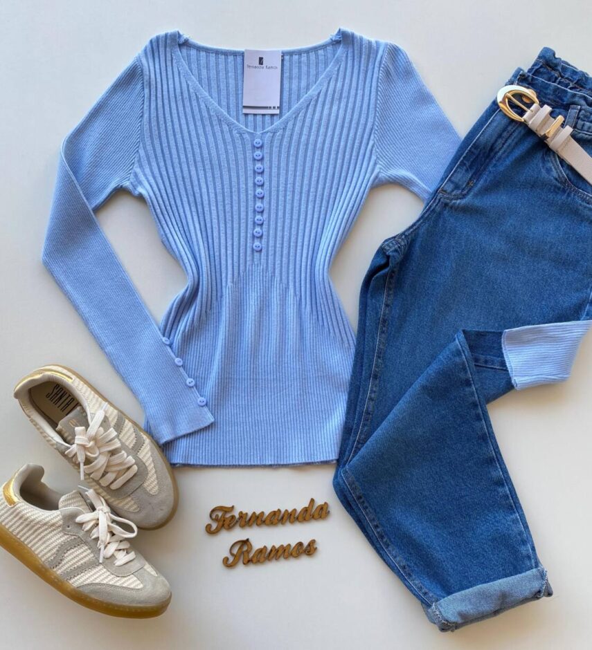 Blusa Manga Longa Modal com Botões e Canelada Azul C7527 - Fernanda Ramos Store