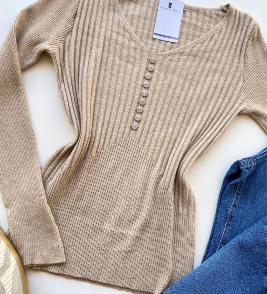 Blusa Manga Longa Modal com Botões e Canelada Bege C7527 - Fernanda Ramos Store