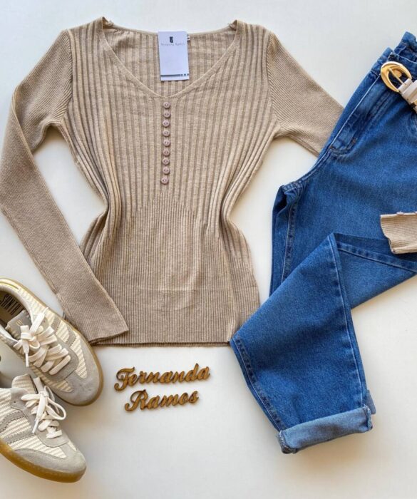 Blusa Manga Longa Modal com Botões e Canelada Bege C7527 - Fernanda Ramos Store
