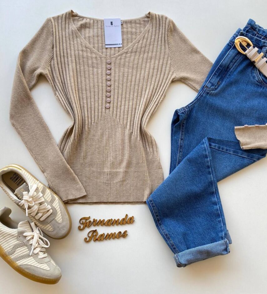 Blusa Manga Longa Modal com Botões e Canelada Bege C7527 - Fernanda Ramos Store