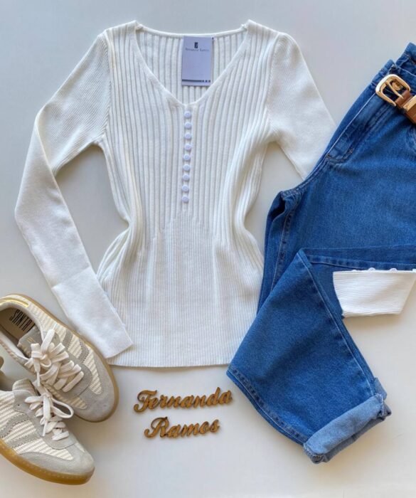 Blusa Manga Longa Modal com Botões e Canelada Branca C7527 - Fernanda Ramos Store