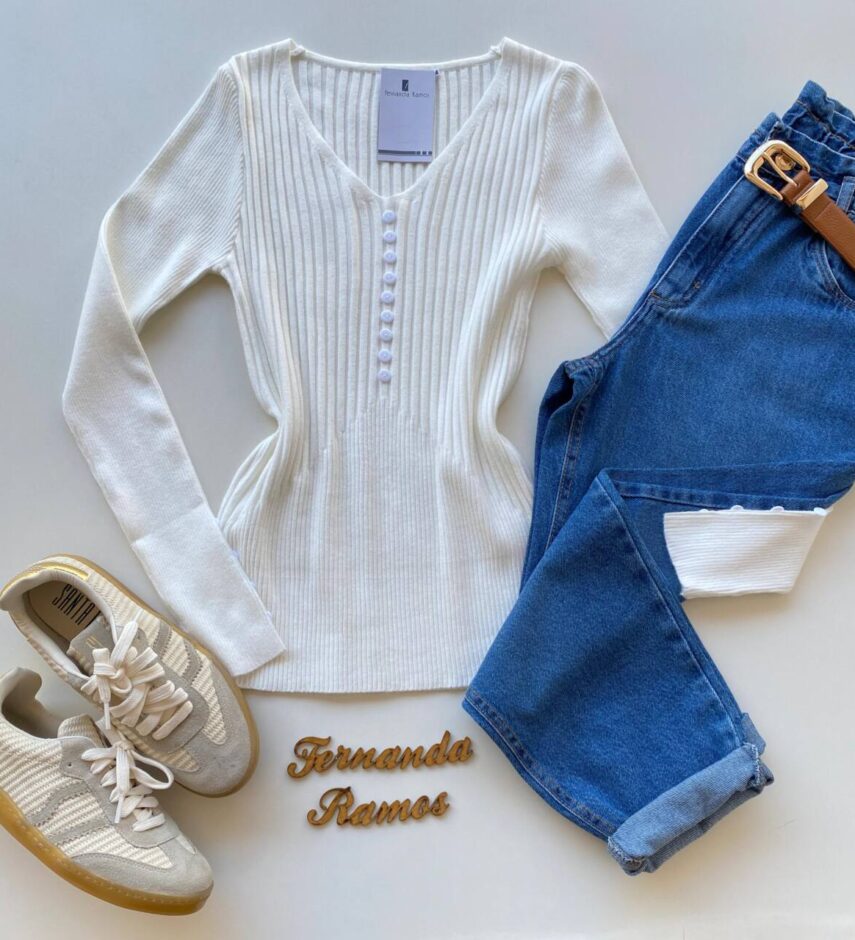 Blusa Manga Longa Modal com Botões e Canelada Branca C7527 - Fernanda Ramos Store