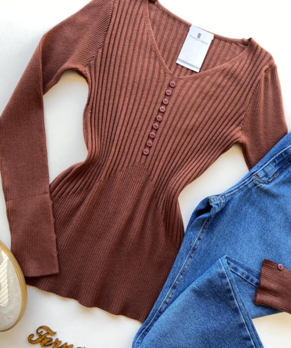 Blusa Manga Longa Modal com Botões e Canelada Marrom C7527 - Fernanda Ramos Store