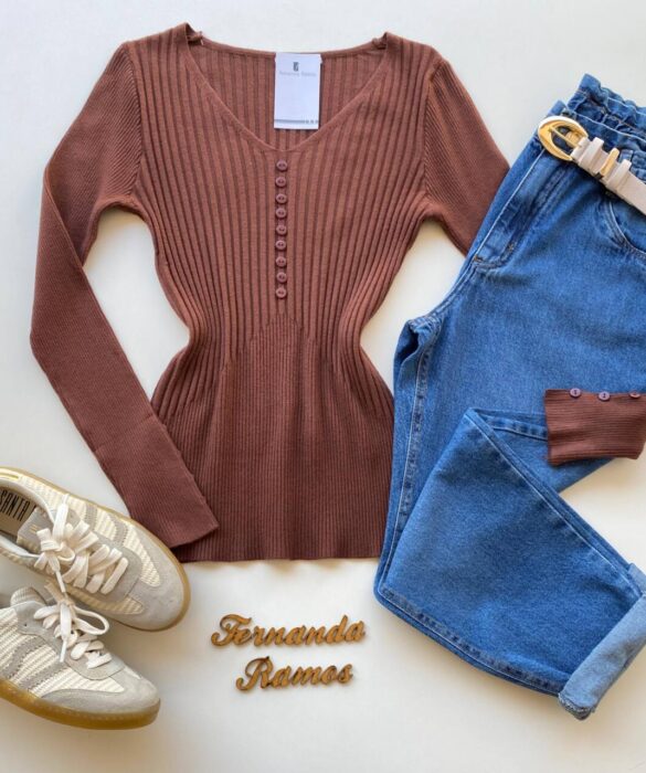 Blusa Manga Longa Modal com Botões e Canelada Marrom C7527 - Fernanda Ramos Store