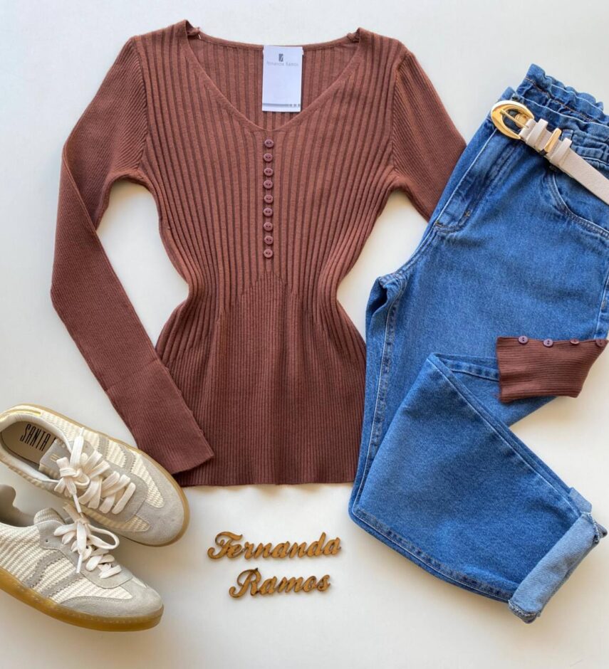 Blusa Manga Longa Modal com Botões e Canelada Marrom C7527 - Fernanda Ramos Store