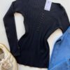 Blusa Manga Longa Modal com Botões e Canelada Preta C7527 - Fernanda Ramos Store