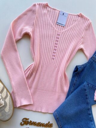 Blusa Manga Longa Modal com Botões e Canelada Rosa C7527 - Fernanda Ramos Store