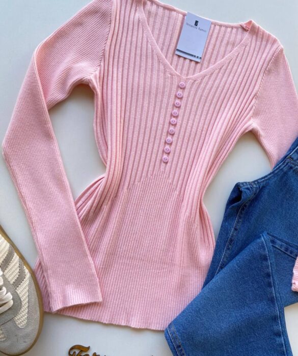 Blusa Manga Longa Modal com Botões e Canelada Rosa C7527 - Fernanda Ramos Store