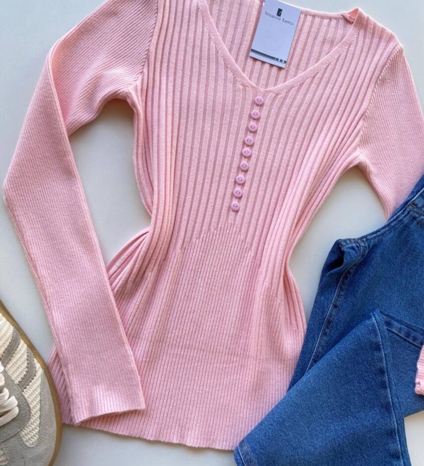 Blusa Manga Longa Modal com Botões e Canelada Rosa C7527 - Fernanda Ramos Store