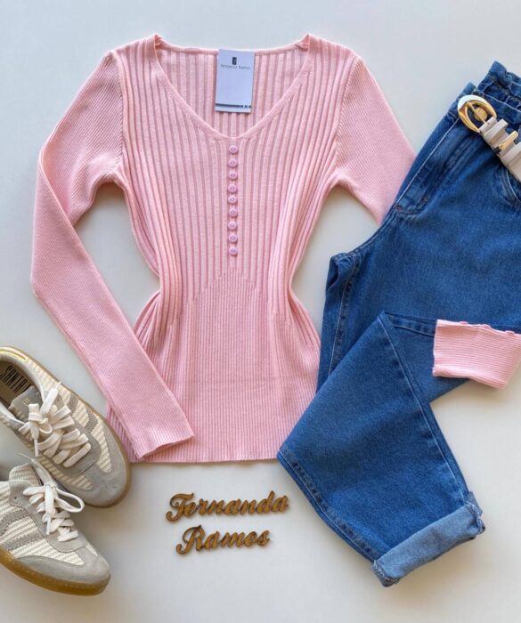 Blusa Manga Longa Modal com Botões e Canelada Rosa C7527 - Fernanda Ramos Store