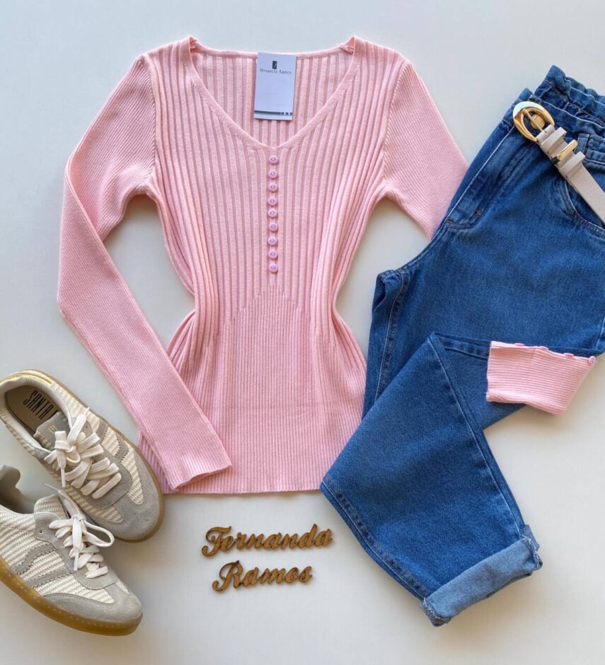 Blusa Manga Longa Modal com Botões e Canelada Rosa C7527 - Fernanda Ramos Store
