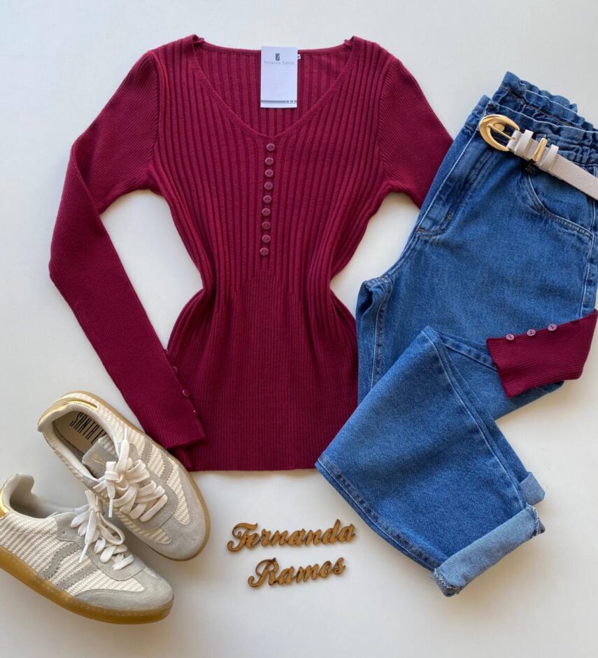 Blusa Manga Longa Modal com Botões e Canelada Vinho C7527 - Fernanda Ramos Store