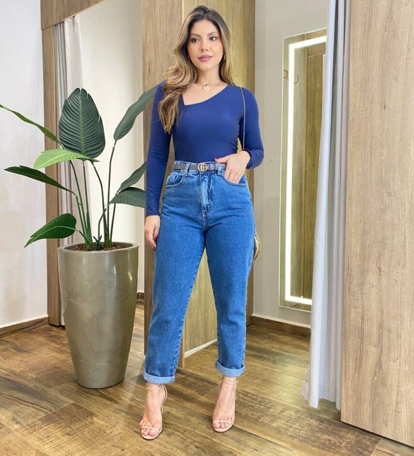 Body Feminino Aycha sem Bojo Manga Longa com Recorte Azul - Fernanda Ramos Store