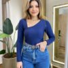 Body Feminino Aycha sem Bojo Manga Longa com Recorte Azul - Fernanda Ramos Store