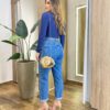 Body Feminino Aycha sem Bojo Manga Longa com Recorte Azul - Fernanda Ramos Store