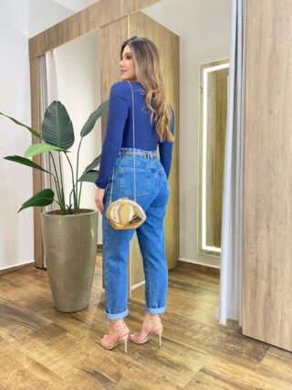 Body Feminino Aycha sem Bojo Manga Longa com Recorte Azul - Fernanda Ramos Store