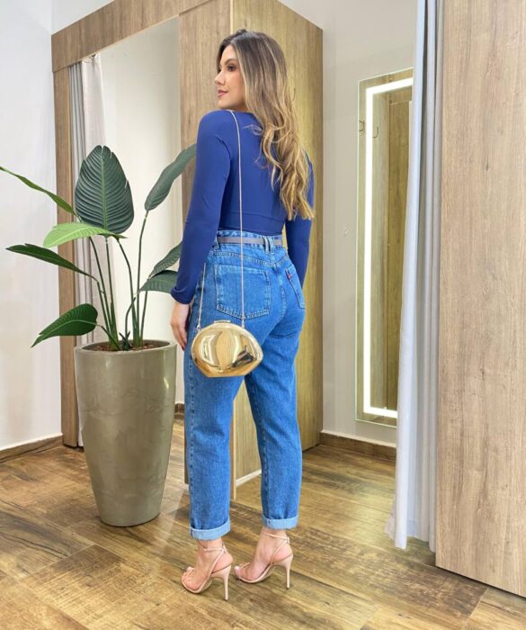 Body Feminino Aycha sem Bojo Manga Longa com Recorte Azul - Fernanda Ramos Store