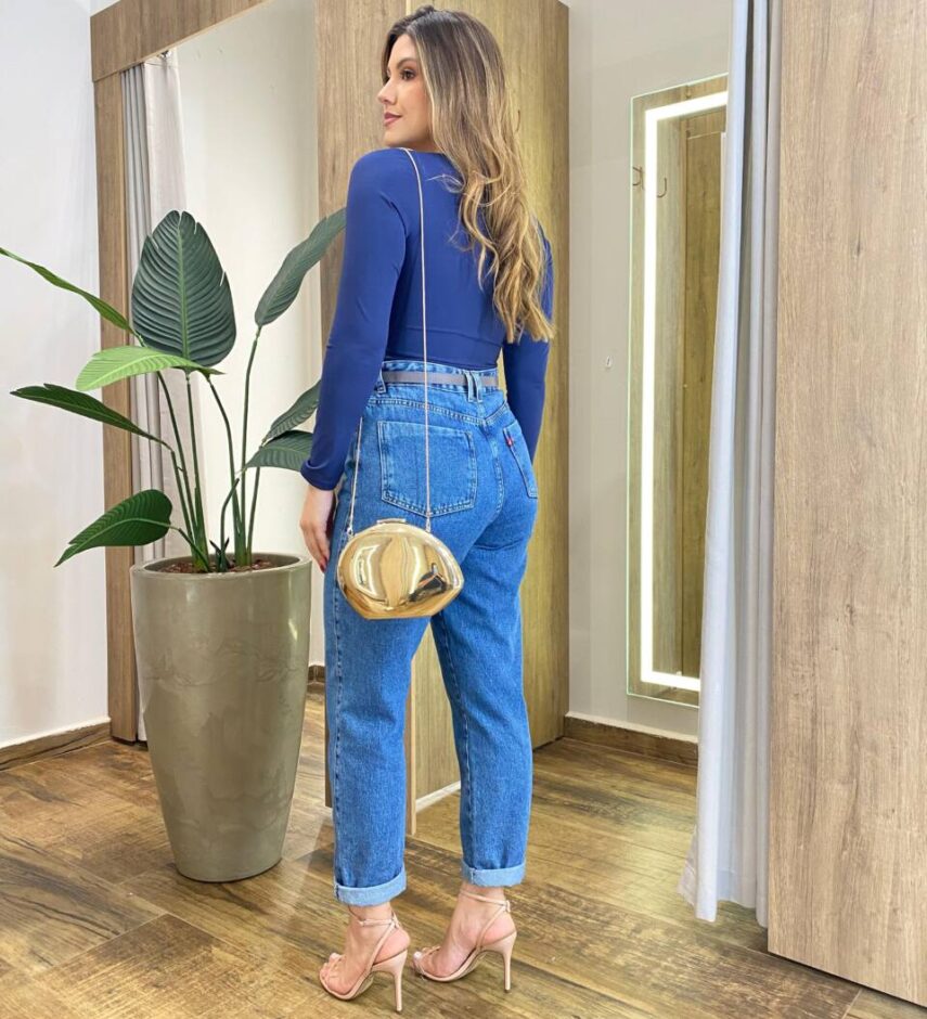 Body Feminino Aycha sem Bojo Manga Longa com Recorte Azul - Fernanda Ramos Store