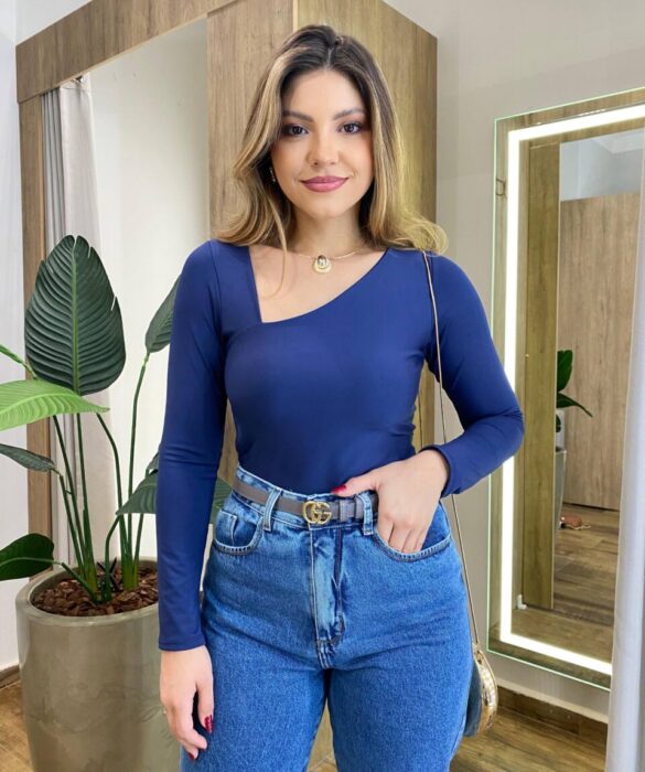 Body Feminino Aycha sem Bojo Manga Longa com Recorte Azul - Fernanda Ramos Store