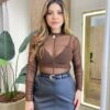 Body Feminino Mabela sem Bojo em tule com Drapiado Marrom - Fernanda Ramos Store