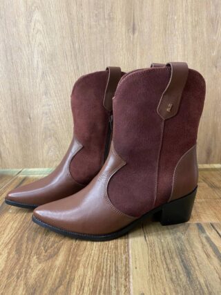 Bota Western Suellen Couro com Camurça de Bico Fino Marrom - Fernanda Ramos Store