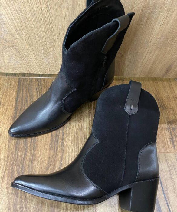 Bota Western Suellen Couro com Camurça de Bico Fino Preta - Fernanda Ramos Store